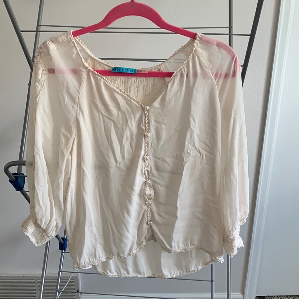Alice and Olivia Lace Pearl Vneck silk Button up